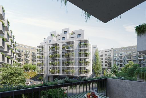 Der rund 3.500 Quadratmeter große Innenhof mit
einer üppigen Begrünung bildet das Herzstück des Projekts WOHNGARTEN