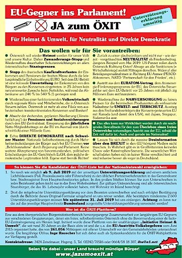 Vorschau Bild von Flugblatt der Plattform ÖXIT für Heimat & Umwelt, Neutralität und Direkte Demokratie