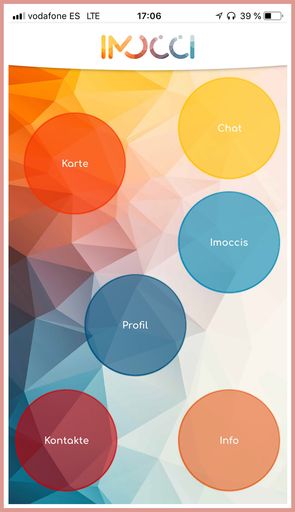  IMOCCI App Home Bildschirm - Karte - Imoccis - Chat
- Info - Kontakte - Profil - Imocci Shop