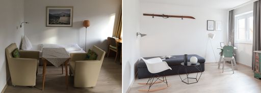 Tourismus-Upcycling: Vorher-Nachher-Szene in einem
Hotel Garni in der Nähe von Innsbruck. Alte Erinnerungsstücke und
Möbel wurden mit modernen Akzenten ergänzt.