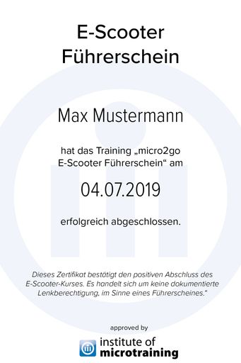 Vorschau Bild von Zertifikat E-Scooter Führerschein