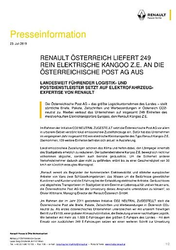 Vorschau Bild von Presseaussendung - Renault Österreich liefert 249 rein elektrische Kangoo Z.E. an die Österreichische Post AG aus