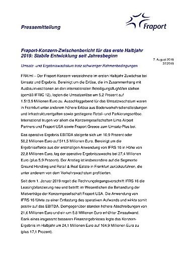 Vorschau Bild von Fraport-Konzern-Zwischenbericht für das erste Halbjahr 2019: Stabile Entwicklung seit Jahresbeginn