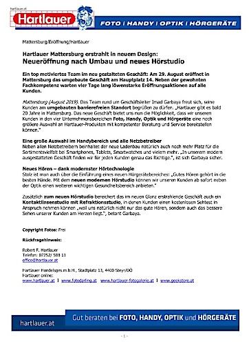 Vorschau Bild von PA zu Eröffnung Mattersburg 2019 Hartlauer Handelsgesellschaft m.b.H. Stadtplatz 13 4400 Steyr