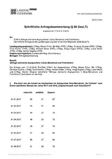 Vorschau Bild von Anfragebeantwortung 2794/2 - Abfrage steirische Asylquartiere