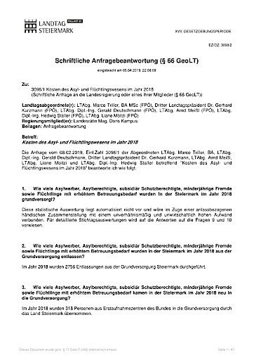Vorschau Bild von Anfragebeantwortung 3098/2 - Kosten des Asyl- und Flüchtlingswesens im Jahr 2018