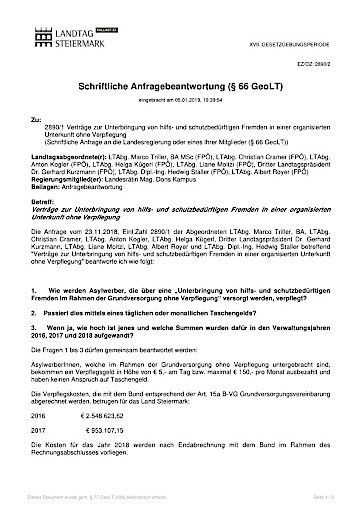 Vorschau Bild von Anfragebeantwortung 2890/2 - Verträge zur Unterbringung von hilfs- und schutzbedürftigen Fremden in einer organisierten Unterkunft ohne Verpflegung