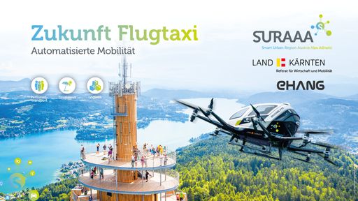  eHang-Passagierdrohne umfliegt den Aussichtsturm am
Pyramidenkogel (Fotomontage)