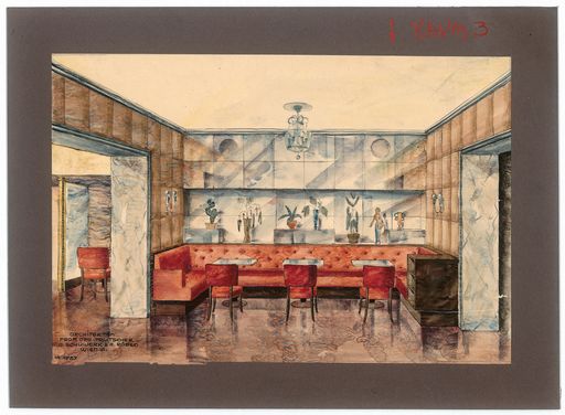 Vorschau Bild von Otto Prutscher, Innenansicht für das Café-Restaurant Hotel
Imperial, Wien I. (gemeinsam mit Anton Schuwerk und August Röben),
1937 Karton, Transparentpapier, Aquarellfarbe, Tusche, Buntstift,
Bleistift