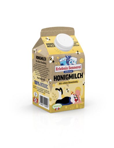Die erste Honigmilch im Kühlregal. Die
Erlebnissennerei Zillertal, größte Tiroler Sennerei in Privatbesitz,
bringt im Oktober die weltweit erste Honigmilch - aus Heumilch und
echtem Bienenhonig - auf den Markt. Veröffentlichung honorarfrei bei
Anführung der Fotoquelle: Erlebnissennerei Zillertal