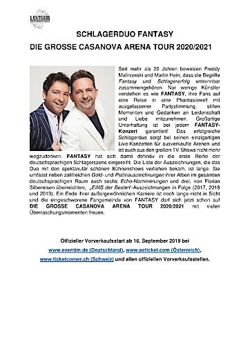 Vorschau Bild von Pressetext: Schlagerduo Fantasy - Die große Casanova Arena Tour