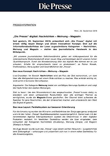 Vorschau Bild von Presseinformation: "Die Presse" digital: Nachrichten - Meinung - Magazin