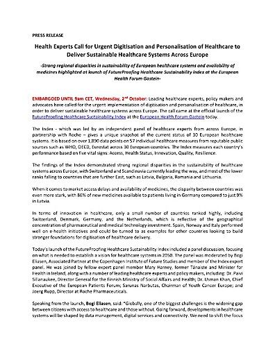 Vorschau Bild von Vollständige Presseaussendung zur Vorstellung des FutureProofing Healthcare Sustainability Index beim Gesundheitsforum Gastein (in Englisch).