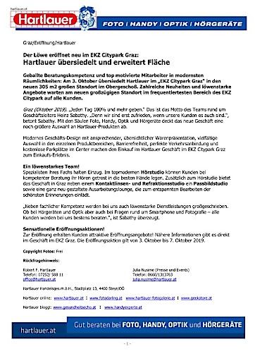 Vorschau Bild von Geballte Beratungskompetenz und top motivierte Mitarbeiter in modernsten Räumlichkeiten: Am 3. Oktober übersiedelt Hartlauer im „EKZ Citypark Graz“ in den neuen 305 m2 großen Standort im Obergeschoß.
