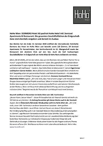 Vorschau Bild von Presseinformation - HoHo Wien: DORMERO Hotel AG pachtet HoHo Hotel inkl. Serviced Apartments & Restaurant. Die gesamten Geschäftsflächen der Erdgeschoß-Zone sind ebenfalls vergeben und derzeit im Ausbau