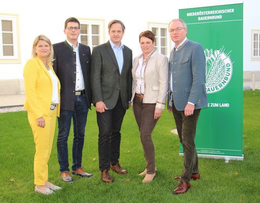 Starkes Team für die Kammerwahl: Obmann LH-Stv.
Stephan Pernkopf (r.) und Direktorin LAbg. Klaudia Tanner (l.) mit
den Spitzenkandidaten Johannes Schmuckenschlager (Mitte), Lorenz
Mayr (2.v.l.) und Andrea Wagner (2.v.r.).
