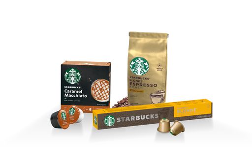  Das neue Starbucks-Sortiment für den Handel besteht
aus kompatiblen Kapseln für Nespresso, für Nescafé Dolce Gusto sowie
Ganzen Bohnen.