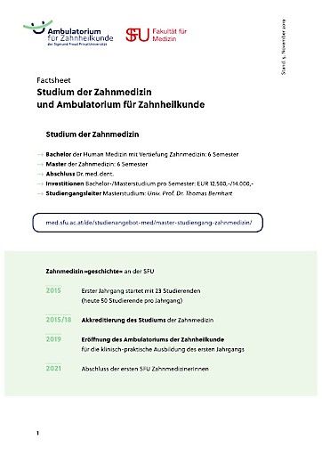 Vorschau Bild von Factsheet zum Ambulatorium für Zahnheilkunde sowie Studium der Zahnmedizin der Sigmund Freud PrivatUniversität