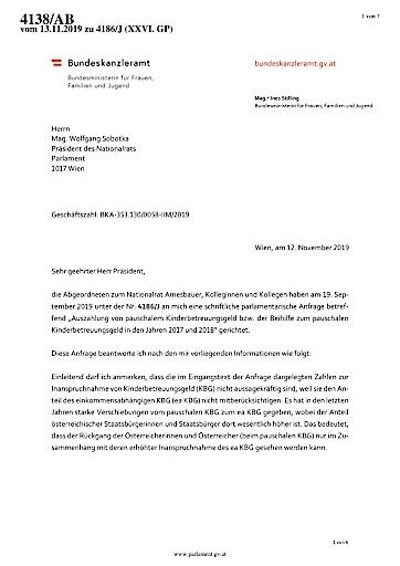 Vorschau Bild von Anfragebeantwortungen des Familienministeriums zum KBG Jahre 2017 und 2018