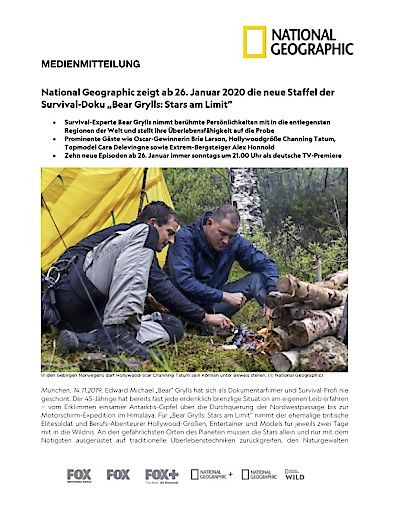 Vorschau Bild von National Geographic zeigt ab 26. Januar 2020 die neue Staffel der Survival-Doku "Bear Grylls: Stars am Limit" (FOTO)