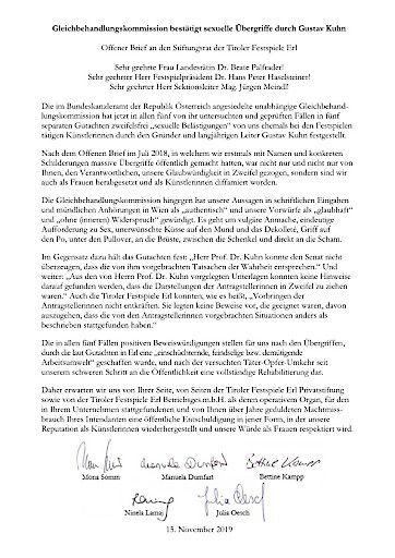  2. Offener Brief der Künstlerinnen an die Tiroler Festspiele Erl - 15. November 2019