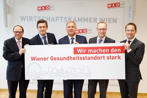 von links: Thomas Szekeres (Präsident der Ärztekammer für Wien),
Peter Hanke (Wirtschafts- und Finanzstadtrat), Walter Ruck (WK
Wien-Präsident), Alexander Biach (Vorsitzender des Hauptverbands der
Sozialversicherungsträger), Johannes Höhrhan (IV-Wien
Geschäftsführer)