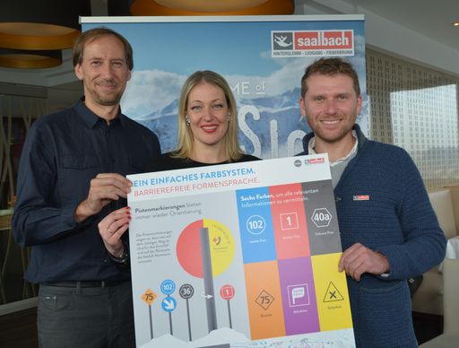 Präsentierten das neue Pistenleitsystem (v.l.):
Markus Scheiber (motas design), Isabella Dschulnigg-Geissler
(Saalbacher Bergbahnen GmbH) und Sebastian Schwaiger (Bergbahnen
Saalbach Hinterglemm Leogang Fieberbrunn).