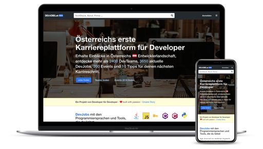 Vorschau Bild von Startseite von devjobs.at, Laptop und Smartphone