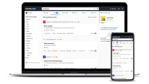Vorschau Bild von Suchseite devjobs.at, Laptop und Smartphone