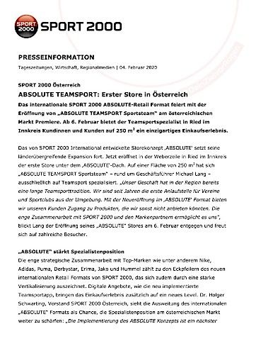 Vorschau Bild von PA ABSOLUTE TEAMSPORT: Erster Store in Österreich