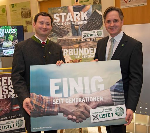 "Einig. Stark. Verbunden.": NÖ Bauernbunddirektor
Paul Nemecek und Spitzenkandidat Präs. Johannes Schmuckenschlager
präsentierten die Kampagne und das Programm zur
Landwirtschaftskammerwahl 2020.