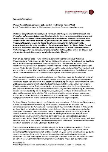  18. Informationstag der Wiener Versicherungsmakler am 19. Februar 2020 im Palais Ferstel