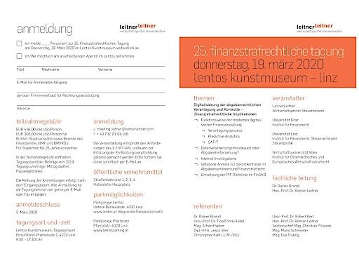 Vorschau Bild von Einladung zur Finanzstrafrechtlichen Tagung am 19. März 2020 in Linz