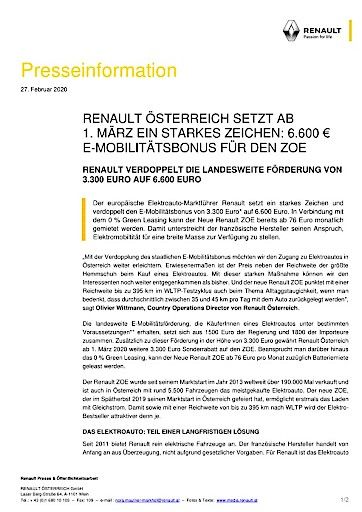 Vorschau Bild von Presseaussendung - Renault Österreich verdoppelt E-Mobilitätsbonus