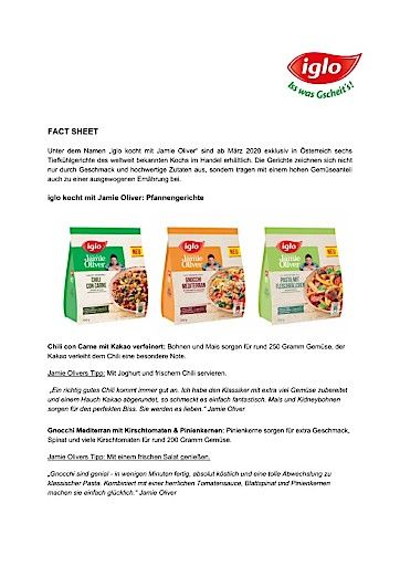 Vorschau Bild von Fact Sheet "iglo kocht mit Jamie Oliver" - Pfannen- und Mikrowellengerichte