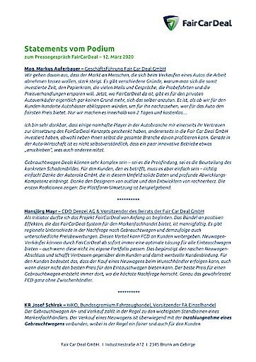 Vorschau Bild von Statements vom Podium - Mag. Markus Auferbauer – Geschäftsführung Fair Car Deal GmbH; Hansjörg Mayr – CDO Denzel AG & Vorsitzender des Beirats der Fair Car Deal GmbH; KR Josef Schirak – WKO, Bundesgremium Fahrzeughandel, Vorsitzender FA Einzelhandel