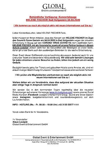Vorschau Bild von Pressemitteilung Absage Helene Fischer 20200313