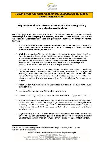 Vorschau Bild von Möglichkeiten der Lebens-, Sterbe- und Trauerbegleitung ohne physischen Kontakt: Informationen für Angehörige und Nahestehende