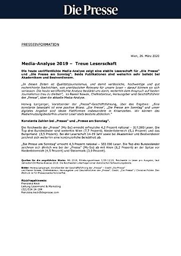 Vorschau Bild von Presseaussendung "Die Presse" Media-Analyse 2019