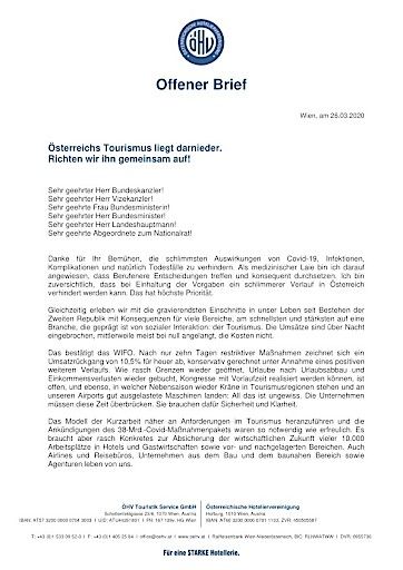 Vorschau Bild von Offener Brief der ÖHV zu Corona-Hilfsmaßnahmen für den Tourismus