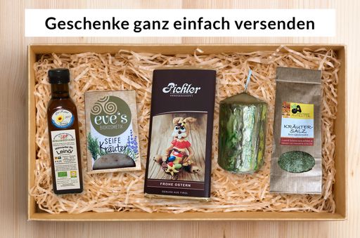 Produktabbilung Paket "Ostern". Es stehen Pakete
für verschiedene Anlässe zur Verfügung, diese können auch an eine
abweichende Lieferadresse gesendet werden, außerdem kann eine
Grußkarte mit Botschaft hinzugefügt werden.