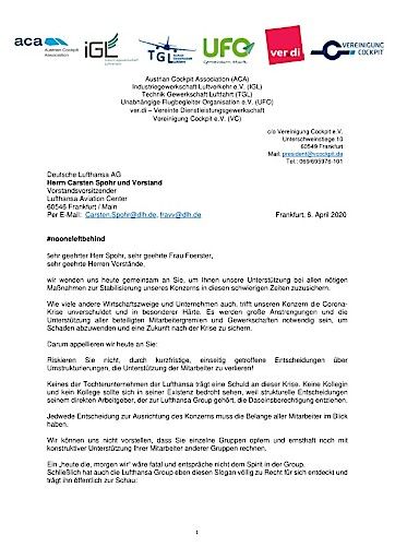 Vorschau Bild von Gemeinsamer Appell von VC, UFO, Verdi, IGL/TGL: Stabilisierung der Lufthansa nur mit allen Mitarbeiterinnen und Mitarbeitern möglich