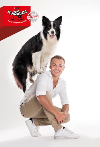 Vorschau Bild von Lukas Pratschker und Falco zeigen Schnauze für Purina