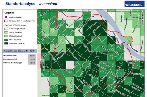 Vorschau Bild von Einzugsgebiet von 10 Minuten Fußweite rund um einen
möglichen neuen Standort in der Wiener Innenstadt. Die Zielgruppen
sind Frauen > 40 J. mit hoher Kaufkraft. Die Zielgruppenmerkmale
wurden in das Einzugsgebiet verschnitten. Ergebnis: 10.000 Personen
aus der Zielgruppe im Einzugsgebiet. Damit lassen sich
Standortentscheidungen leichter treffen.
