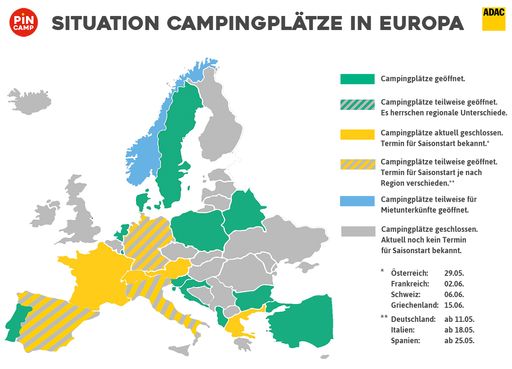 Vorschau Bild von Wohin können deutsche Urlauber reisen? PiNCAMP veröffentlicht
aktuelle Öffnungstermine für Grenzen in Deutschland und Europa/
Camping und Corona - Situation Campingplätze in Europa. Weiterer
Text über ots und www.presseportal.de/nr/143896 / Die Verwendung
dieses Bildes ist für redaktionelle Zwecke honorarfrei.
Veröffentlichung bitte unter Quellenangabe: "obs/PiNCAMP powered by
ADAC"
