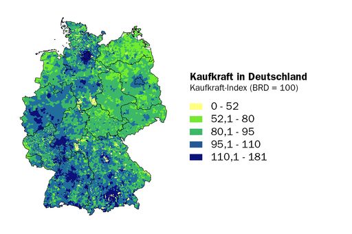 Vorschau Bild von Räumliche Darstellung der Kaufkraft in Deutschland
mit dem WebGIS. Die Daten lassen sich viel schneller und intuitiver
erfassen als in Tabellen.