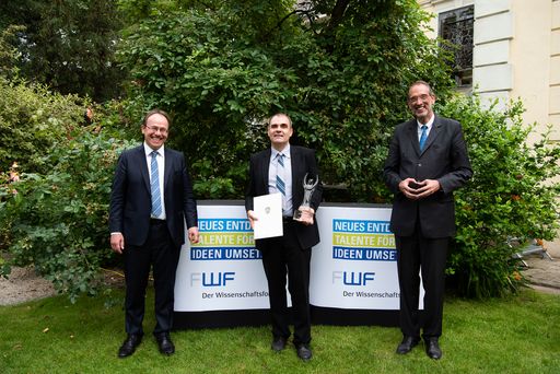 (v.l.n.r.) FWF-Präsident Klement Tockner,
Wittgenstein-Preisträger 2020 Adrian Constantin,
Wissenschaftsminister Heinz Faßmann