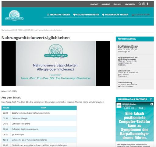 Die Online-Vorträge behandeln eine Vielzahl
verschiedener Themen, z. B. Nahrungsmittelunverträglichkeiten.