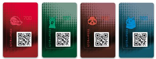 Die vier Motive der neuen Crypto stamp 2.0:
Honigdachs, Lama, Panda, Doge.