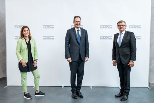 Vorschau Bild von Obmann der Bundessparte Handel in der
Wirtschaftskammer Österreich Rainer Trefelik (Mitte) mit seinen
Stellvertretern Nina Stift (links) und Gerhard Wohlmuth (rechts)